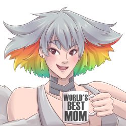 Rule 34 | 10s, 1girl, breasts, brown eyes, choker, cup, dress, earrings, english text, eyebrows, female focus, grey hair, irony, jewelry, kill la kill, kiryuuin ragyou, large breasts, lies, looking at viewer, mature female, mug, multicolored hair, rainbow hair, short hair, smile, solo, thick eyebrows, transparent background