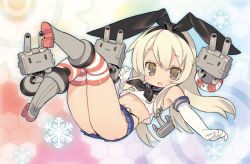 Rule 34 | 10s, 1girl, :3, anchor, blade (galaxist), blonde hair, boots, brown eyes, elbow gloves, gloves, grey footwear, hair ribbon, innertube, kantai collection, long hair, microskirt, midriff, miniskirt, navel, open mouth, panties, pantyshot, patterned legwear, red &amp; white, rensouhou-chan, ribbon, shimakaze (kancolle), skirt, snowflakes, socks, striped clothes, striped thighhighs, swim ring, thighhighs, thong, two-tone stripes, underwear, upskirt