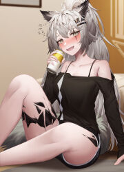 Rule 34 | 1girl, :d, absurdres, alternate hairstyle, animal ears, arknights, bare legs, bare shoulders, black shirt, bra strap, can, collarbone, commentary request, feet out of frame, grey eyes, grey hair, hair between eyes, hair ornament, hairclip, highres, holding, holding can, lappland (arknights), long hair, looking at viewer, material growth, mea (hwaksal), open mouth, oripathy lesion (arknights), ponytail, scar, scar across eye, shirt, sitting, smile, solo, tail, thighs, very long hair, wolf ears, wolf tail