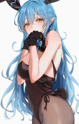 Rule 34 | 1girl, absurdres, ahoge, amyu (amm asl pa), animal ears, bare arms, blue bow, blue hair, blush, bow, braid, breasts, commentary request, covering own mouth, gloves, half updo, heart, heart ahoge, highres, hololive, leotard, long hair, pantyhose, playboy bunny, pointy ears, rabbit ears, rabbit tail, simple background, tail, thighs, virtual youtuber, white background, yellow eyes, yukihana lamy