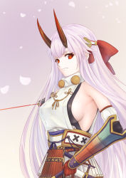Rule 34 | 1girl, absurdres, armor, bow, breasts, commentary request, detached sleeves, fate/grand order, fate (series), hair bow, headband, highres, holding, holding polearm, holding sword, holding weapon, horns, japanese armor, katana, kote, kusazuri, large breasts, long hair, looking at viewer, okuma707, oni horns, petals, polearm, red bow, red eyes, red horns, sideboob, silver hair, solo, sword, tomoe gozen (fate), very long hair, weapon, white sleeves