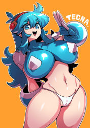 Rule 34 | 1girl, :d, ahoge, bikini, bikini bottom only, blue eyes, blue hair, borrowed character, breasts, cameltoe, character name, cleft of venus, covered erect nipples, fingerless gloves, g-string, glove cuffs, gloves, hair between eyes, hairband, highres, huge breasts, impossible clothes, impossible shirt, layered gloves, long hair, looking at viewer, multicolored hair, navel, open mouth, orange background, original, partially visible vulva, red hairband, salute, shiny skin, shirt, shoulder pads, sidelocks, skindentation, smile, solo, stomach, swimsuit, tecna (yumura kino), teeth, thick eyebrows, thick thighs, thighs, thong, tongue, tukiwani, two-tone hair, white hair, wide hips