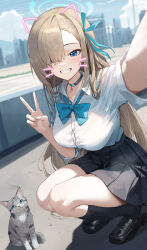 Rule 34 | 1girl, absurdres, animal ears, asuna (blue archive), black choker, black footwear, black skirt, black socks, blue archive, blurry, blurry background, blush, bow, bowtie, breasts, cat, cat ears, choker, foreshortening, grin, highres, large breasts, loafers, looking at viewer, loose bowtie, outdoors, pleated skirt, school uniform, selfie, shirt, shoes, skirt, smile, socks, solo, toi1et paper, v, whiskers, white shirt