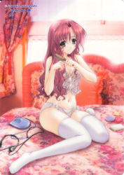 Rule 34 | 1girl, bed, bedroom, bow, bow panties, breasts, brown eyes, brushing, brushing hair, brushing own hair, bustier, card (medium), cd player, cleavage, curly hair, discman, hair brush, headphones, indoors, kimizuka aoi, lingerie, long hair, medium breasts, navel, no shoes, on bed, orange eyes, original, panties, phonecard, pillow, pink hair, red hair, scan, sitting, small breasts, smile, solo, text focus, thighhighs, underwear, underwear only, wariza, wavy hair, white panties, white thighhighs, yellow eyes