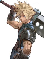 Rule 34 | 1boy, armor, asymmetrical hair, belt, blonde hair, blue eyes, blue pants, blue shirt, buster sword, cloud strife, earrings, final fantasy, final fantasy vii, fingerless gloves, gloves, hair between eyes, hand on own hip, highres, jewelry, jimbobox, looking at viewer, muscular, muscular male, over shoulder, pants, shirt, shoulder armor, single earring, sleeveless, sleeveless turtleneck, solo, spiked hair, square enix, suspenders, turtleneck, upper body, weapon, weapon over shoulder, white background