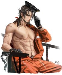 Rule 34 | 1boy, abs, absurdres, anjingkuxiao, arknights, bara, beard, black gloves, black hair, facial hair, gloves, hat, highres, jesselton williams (arknights), jumpsuit, male focus, male pubic hair, mature male, muscular, muscular male, navel hair, nipples, open clothes, pectorals, prisoner, pubic hair, pubic hair peek, restrained, scar, scar on face, scar on nose, short hair, signature, sitting, solo, toned, toned male, unworn hat, unworn headwear, whip, white background