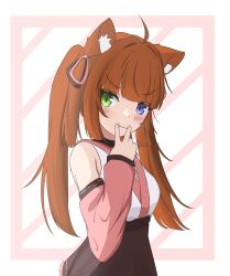 Rule 34 | 1girl, ahoge, animal ear fluff, animal ears, bare shoulders, black skirt, blue eyes, blush, breasts, brown hair, closed mouth, commentary, detached sleeves, fang, fang out, green eyes, hair intakes, heterochromia, highres, japanese clothes, kimono, kuronagi (mitora uwu), long hair, long sleeves, looking at viewer, original, pink background, pink sleeves, puffy long sleeves, puffy sleeves, skirt, sleeveless, sleeveless kimono, sleeves past wrists, small breasts, solo, twintails, two-tone background, very long hair, white background, white kimono