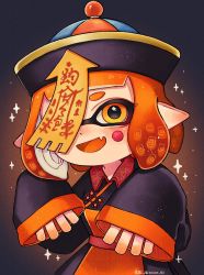 Rule 34 | 1girl, aoaza 83, artist name, black hat, black kimono, blunt bangs, blush stickers, bob cut, chinese clothes, colored tongue, commentary, english commentary, fang, halloween, halloween costume, hat, highres, inkling, inkling player character, japanese clothes, jiangshi costume, kimono, long sleeves, looking at viewer, mixed-language commentary, nintendo, open mouth, orange eyes, orange hair, orange tongue, pointy ears, qingdai guanmao, short hair, skin fang, smile, solo, sparkle, splatoon (series), standing, talisman, tentacle hair, twitter username, wide sleeves