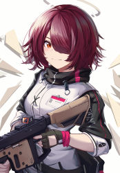 Rule 34 | 1girl, absurdres, arknights, belt, belt pouch, black gloves, blush, closed mouth, clothes writing, detached wings, energy wings, exusiai (arknights), fingerless gloves, gloves, gun, hair over one eye, halo, highres, holding, holding gun, holding weapon, id card, jacket, long sleeves, looking at viewer, orange eyes, penguin4, portrait, pouch, purple hair, short hair, simple background, smile, smug, solo, upper body, v-shaped eyebrows, weapon, white background, white jacket, wings