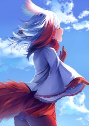 Rule 34 | 10s, 1girl, blue sky, blunt bangs, closed eyes, cloud, cloudy sky, cowboy shot, day, fur, gloves, head wings, japanese crested ibis (kemono friends), kemono friends, koruta (nekoimo), long sleeves, miniskirt, multicolored hair, music, open mouth, outdoors, pantyhose, profile, red gloves, red hair, red skirt, singing, skirt, sky, solo, tail, two-tone hair, white hair, wide sleeves, wings