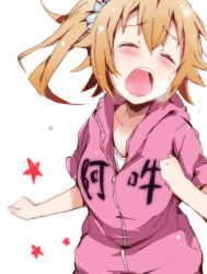 Rule 34 | 1girl, blonde hair, blush, hachi (orange), hood, hoodie, kagerou project, kisaragi momo, long hair, open mouth, running, side ponytail, solo, vocaloid