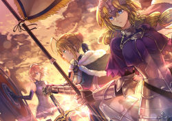 Rule 34 | 3girls, armor, armored dress, artoria pendragon (all), artoria pendragon (fate), bare shoulders, black gloves, blonde hair, blue eyes, braid, cape, capelet, chain, closed mouth, elbow gloves, excalibur (fate/stay night), fate/grand order, fate (series), faulds, flag, french braid, fur trim, gauntlets, gloves, green eyes, hair ribbon, jeanne d&#039;arc (fate), jeanne d&#039;arc (ruler) (fate), long hair, looking away, mash kyrielight, multiple girls, profile, ribbon, saber (fate), sagta panggang, shield, short hair, single braid, upper body