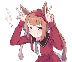 Rule 34 | 1girl, animal ears, arms up, bow hairband, brown hair, collared dress, double v, dress, enomori neko, grin, hair rings, hairband, horse ears, horse girl, horse tail, long hair, long sleeves, necktie, purple eyes, red dress, short necktie, smile, solo, sweep tosho (umamusume), tail, translation request, twintails, umamusume, upper body, v, v-shaped eyebrows