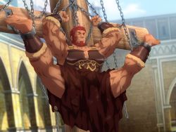 Rule 34 | 1boy, bara, bdsm, beard, bondage, bound, bound legs, bulge, chain, chained, chained wrists, chain, cleavage cutout, clothing cutout, facial hair, fate/grand order, fate/zero, fate (series), full body, iskandar (fate), konohanaya, large pectorals, leather, male focus, manly, muscular, pectorals, red eyes, red hair, short hair, solo, spread legs, thick thighs, thighs, veins
