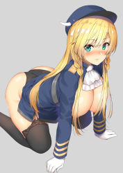 Rule 34 | 1girl, all fours, areola slip, ascot, ass, azur lane, b-ginga, black panties, black thighhighs, blonde hair, blue jacket, blush, braid, breasts, garter straps, gloves, green eyes, hat, hip focus, horns, jacket, kongou (azur lane), large breasts, long hair, looking at viewer, no bra, open clothes, open jacket, panties, parted lips, sidelocks, simple background, smile, solo, thighhighs, thighs, underwear, white gloves