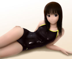 Rule 34 | 1girl, brown eyes, brown hair, lying, on side, one-piece swimsuit, original, siraha, smile, solo, swimsuit, wet