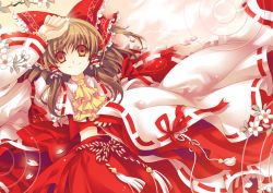Rule 34 | 1girl, aya003030, bad id, bad pixiv id, bow, bracelet, brown eyes, brown hair, detached sleeves, embellished costume, female focus, flower, frills, hair bow, hakurei reimu, japanese clothes, jewelry, lying, midriff, miko, on back, petals, red eyes, ribbon, short hair, sleeves past wrists, smile, solo, touhou, wide sleeves