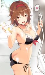 Rule 34 | 10s, 1girl, ass, bathroom, bikini, black bikini, blush, breasts, brown eyes, brown hair, butt crack, collarbone, cowboy shot, headband, heart, jewelry, kantai collection, looking at viewer, looking back, medium breasts, necklace, open mouth, red headband, revision, ring, ring necklace, shiratsuyu (kancolle), short hair, shower head, showering, side-tie bikini bottom, solo, spoken heart, sponge, standing, steam, swimsuit, takaharu, twitter username, upper body, wedding band