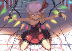 Rule 34 | 1girl, annoyed, blonde hair, chain, cuffs, curtains, dress, female focus, flandre scarlet, hat, hat ribbon, instrument, legs, looking at viewer, madyy, magic circle, no nipples, off shoulder, piano, red eyes, ribbon, shackles, side ponytail, sitting, solo, thighs, torn clothes, touhou, wariza, window, wings