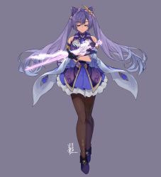 Rule 34 | 1girl, artist name, bare shoulders, black footwear, black pantyhose, blue choker, blue dress, blue sleeves, choker, closed eyes, closed mouth, commentary request, cone hair bun, detached sleeves, dress, facing viewer, frilled dress, frills, full body, genshin impact, glowing, glowing sword, glowing weapon, grey background, hair bun, hair ornament, highres, holding, holding sword, holding weapon, keqing (genshin impact), kimi tsuru, long hair, pantyhose, purple hair, shoes, short dress, signature, simple background, smile, solo, standing, sword, twintails, weapon, wide sleeves