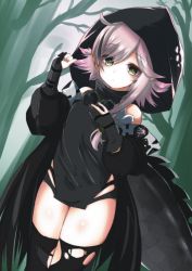 Rule 34 | 1girl, ahoge, arknights, black hair, black panties, black sleeves, black thighhighs, black tunic, coronanoroc, cowboy shot, crocodilian tail, detached sleeves, dutch angle, flower, gloves, goggles, goggles around neck, green eyes, grey hair, hand up, highres, hood, hood up, looking at viewer, multicolored hair, panties, partially fingerless gloves, solo, streaked hair, tail, thighhighs, thighs, tomimi (arknights), torn clothes, torn thighhighs, underwear, white flower