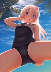 Rule 34 | 1girl, arm up, ass, bare arms, bare legs, bare shoulders, beach, blue sky, blush, breasts, cameltoe, clothes pull, cloud, commentary request, cowboy shot, crop top, flower, from below, hair flower, hair ornament, kantai collection, looking at viewer, moose (moosemitchell2), one-piece swimsuit, one-piece swimsuit pull, one-piece tan, open mouth, outdoors, ro-500 (kancolle), sailor collar, school swimsuit, sky, small breasts, smile, solo, spread legs, swimsuit, swimsuit under clothes, tan, tanline