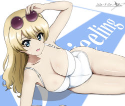 Rule 34 | 1girl, alternate costume, blonde hair, blue eyes, blush, breasts, bukkuri, casual one-piece swimsuit, character name, cleavage, collarbone, commentary request, cowboy shot, darjeeling (girls und panzer), dated, eyewear on head, girls und panzer, groin, hair down, long hair, looking at viewer, lying, medium breasts, on side, one-piece swimsuit, open mouth, purple-tinted eyewear, revision, round eyewear, signature, smile, solo, sunglasses, swept bangs, swimsuit, thighs, tinted eyewear, white one-piece swimsuit