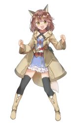 Rule 34 | 1girl, :d, absurdres, amane rosylily, animal ear fluff, animal ears, belt, belt buckle, black thighhighs, blush, boots, brown belt, brown coat, brown eyes, brown footwear, brown hair, buckle, clenched hands, coat, collarbone, commentary request, criss-cross halter, dress, fang, fox ears, fox girl, fox tail, full body, halterneck, highres, knee boots, long sleeves, looking at viewer, open clothes, open coat, open mouth, original, sekira ame, simple background, smile, solo, standing, tail, thighhighs, white background, white dress