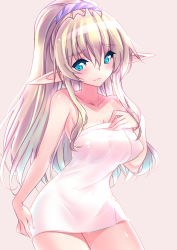Rule 34 | 1girl, blonde hair, blue eyes, blush, breasts, collarbone, contrapposto, cowboy shot, elf, female focus, fujishima-sei ichi-gou, hair between eyes, hair ornament, hair scrunchie, hand on own chest, highres, long hair, looking at viewer, naked towel, pastel chime, pointy ears, ponytail, scrunchie, smile, solo, standing, tareme, towel