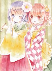 Rule 34 | 2girls, apron, bell, blush, calligraphy brush, checkered clothes, checkered shirt, flower, hair bell, hair flower, hair ornament, hakama, hakama skirt, hand on own cheek, hand on own face, hand up, hieda no akyuu, japanese clothes, kagome f, kimono, motoori kosuzu, multiple girls, one eye closed, open mouth, paintbrush, painting (medium), pink eyes, pink hair, purple eyes, purple hair, shirt, short hair, skirt, smile, touhou, traditional media, twintails, two side up, watercolor (medium)