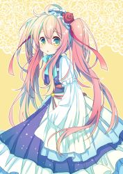Rule 34 | 1girl, :o, ahoge, aqua neckwear, blonde hair, dress, flower, frilled dress, frills, gradient hair, hairband, lolita hairband, long hair, long sleeves, multicolored hair, nagasioo, original, parted lips, pink hair, red flower, red rose, rose, sidelocks, simple background, solo, sparkle, twintails, very long hair, wide sleeves, yellow eyes, yellow flower