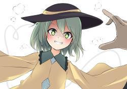Rule 34 | 1girl, arai togami, green eyes, grin, hat, hat ribbon, heavy breathing, komeiji koishi, long sleeves, looking at viewer, outstretched arms, pov, pov hands, ribbon, shirt, silver hair, smile, touhou, wide sleeves