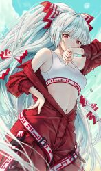 Rule 34 | 1girl, absurdres, adapted costume, bow, cloud, cloudy sky, from below, fujiwara no mokou, hair bow, highres, jumpsuit, long hair, looking at viewer, midriff, moon, multiple hair bows, red bow, red eyes, red jumpsuit, sky, solo, sports bra, stomach, sweat, torinari (dtvisu), touhou, very long hair, white hair