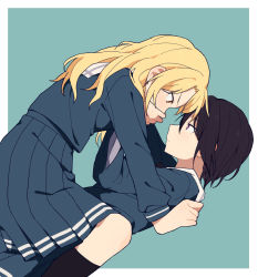 Rule 34 | 2girls, arm support, bang dream!, black hair, blonde hair, coldcat., hand on another&#039;s mouth, highres, kirigaya toko, long hair, looking at another, lying, multiple girls, on back, school uniform, short hair, simple background, straddling, yashio rui, yuri