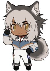 Rule 34 | 1girl, :3, animal ear fluff, animal ears, black gloves, blue jacket, borrowed character, chibi, closed mouth, curled tail, dark-skinned female, dark skin, dog ears, dog tail, full body, gloves, grey hair, hair between eyes, hand on own hip, hand up, jacket, lapithai, long hair, long sleeves, looking at viewer, lowres, multicolored hair, original, pants, simple background, solo, standing, tail, transparent background, white pants, yellow eyes