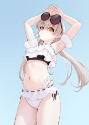 Rule 34 | 1girl, absurdres, bare arms, bare legs, bare shoulders, bikini, blue archive, closed mouth, commentary request, cowboy shot, eyewear on head, frilled bikini, frills, hair between eyes, hifumi (blue archive), hifumi (swimsuit) (blue archive), highres, light brown hair, liwen520, long hair, official alternate costume, round eyewear, smile, solo, sunglasses, swimsuit, white bikini, yellow eyes
