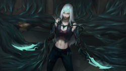 Rule 34 | 1girl, alternate costume, alternate eye color, alternate hair color, alternate skin color, alternate weapon, bare shoulders, brandon yang, broken heart, colored sclera, corruption, crown, dagger, dark persona, dual wielding, elbow gloves, fire, fog, gloves, glowing, glowing eyes, glowing sword, glowing weapon, green eyes, green sclera, heart, highres, holding, hole, hole in chest, hole on body, katarina (league of legends), knife, league of legends, long hair, midriff, pale skin, pants, possessed, possession, riot games, ruination, ruined (league of legends), scar, scar on face, sleeveless, smoke, spectral, sword, triangle, viego (league of legends), weapon, white hair