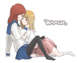 2girls blonde_hair blush brown_hair fukuji_mihoko heterochromia multiple_girls pantyhose saki_(manga) school_uniform serafuku shoushu skirt takei_hisa tears yuri