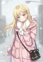 Rule 34 | 1girl, artist name, bad id, bad pixiv id, bag, blonde hair, blue eyes, blurry, blurry background, blush, clenched hand, coat, commentary, down jacket, flower, fur-trimmed coat, fur trim, grin, hair flower, hair ornament, haruri, highres, index finger raised, jacket, long hair, long sleeves, looking at viewer, nail polish, original, pink coat, pink nails, shoulder bag, smile, solo, winter clothes