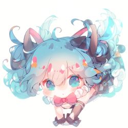 Rule 34 | 1girl, :o, black dress, bloom, blue eyes, blue hair, bow, bowtie, chibi, commentary, detached sleeves, dress, falling, frilled dress, frills, fuyuzuki gato, hair ornament, hatsune miku, highres, long hair, looking at viewer, magical mirai (vocaloid), magical mirai miku, magical mirai miku (2019), neck ruff, pink bow, pink bowtie, single sleeve, solo, twintails, vocaloid, white background, wrist cuffs