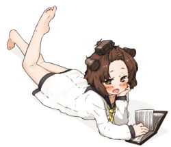 Rule 34 | 10s, 1girl, amonitto, arm support, barefoot, book, brown eyes, brown hair, headgear, kantai collection, looking at viewer, lying, on stomach, open mouth, school uniform, serafuku, short hair, solo, yukikaze (kancolle)