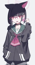 Rule 34 | animal ears, black choker, black hair, blue archive, choker, collarbone, colored inner hair, glasses, green sailor collar, hair ornament, hairclip, highres, hood, hooded jacket, jacket, kazusa (blue archive), multicolored hair, neckerchief, open mouth, papaia (quentingqoo), pink eyes, pink hair, pink neckerchief, pleated skirt, red-framed eyewear, sailor collar, skirt, two-tone hair, white skirt