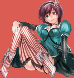 Rule 34 | 1girl, arm support, bad id, bad pixiv id, black thighhighs, blue eyes, brown hair, crown, dress, garter straps, hairband, high heels, lips, long hair, looking at viewer, mini crown, panties, pantyshot, red background, shoes, sitting, solo, striped clothes, striped thighhighs, tcb, thighhighs, underwear, vertical-striped clothes, vertical-striped thighhighs, vocaloid