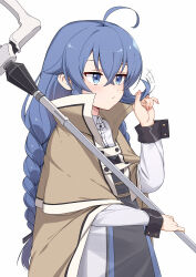 Rule 34 | 1girl, absurdres, ahoge, blue eyes, blue hair, braid, brown cloak, capelet, cloak, closed mouth, commentary request, dress, eyebrows hidden by hair, flat chest, hair between eyes, highres, holding, holding staff, looking to the side, mage staff, mushoku tensei, playing with own hair, roxy migurdia, simple background, solo, staff, twin braids, upper body, white background, white capelet, white dress, xiang he he qunzi