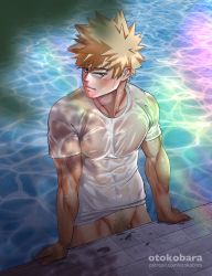 Rule 34 | 1boy, abs, artist name, bakugou katsuki, blonde hair, blush, boku no hero academia, closed mouth, convenient censoring, covered abs, covered erect nipples, covered navel, highres, looking at viewer, male focus, male pubic hair, navel, nipples, no male underwear, no pants, otokobara, partially submerged, patreon username, pool, pubic hair, see-through, shirt, short hair, solo, spiked hair, toned, toned male, water, wet, wet clothes, wet shirt, white shirt