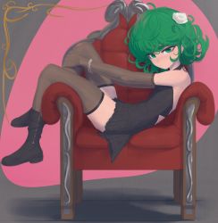 Rule 34 | 1girl, absurdres, armchair, bare shoulders, black dress, black footwear, boots, bracelet, brown gloves, brown thighhighs, chair, closed mouth, commentary, daniel deves, dress, elbow gloves, flipped hair, flower, flower on head, gloves, green eyes, green hair, hair ornament, halter dress, halterneck, hands on legs, highres, huge filesize, jewelry, looking at viewer, medium hair, microdress, on chair, one-punch man, pout, rose, see-through, see-through legwear, sheer gloves, simple background, skindentation, solo, tatsumaki, thighhighs, white flower, white rose, zettai ryouiki
