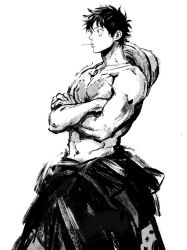 Rule 34 | 1boy, bare pectorals, clothes around waist, crossed arms, greyscale, hat, hat on back, highres, looking ahead, male focus, monkey d. luffy, monochrome, mouth hold, nok (nok 1), one piece, pectorals, scar, scar on chest, scar on face, shirt, shirt around waist, short hair, signature, solo, stalk in mouth, standing, straw hat, toned, toned male, topless male
