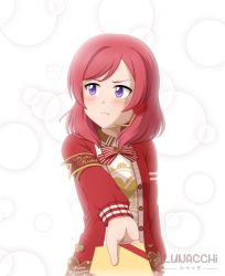 Rule 34 | 1girl, armband, artist name, blush, bubble background, circle background, closed mouth, female focus, happy valentine, heart, jacket, letter, looking away, looking to the side, love live!, love live! school idol festival, love live! school idol project, lunacchi, microphone, nishikino maki, purple eyes, red hair, red jacket, short hair, solo, valentine, white background