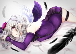 Rule 34 | 10s, 1girl, absurdres, akano yomi, akanoyomi, angel wings, blurry, depth of field, dress, drill hair, feathers, hair over one eye, highres, idolmaster, idolmaster cinderella girls, kanzaki ranko, long hair, looking at viewer, red eyes, rosenburg engel, silver hair, solo, twin drills, twintails, wings