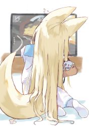 Rule 34 | 1girl, absurdres, animal ears, blonde hair, controller, dress, flying sweatdrops, fox ears, fox tail, from behind, full body, game controller, gamepad, head tilt, highres, long hair, manabe mana, original, playing games, sailor dress, sitting, sketch, tail, video game